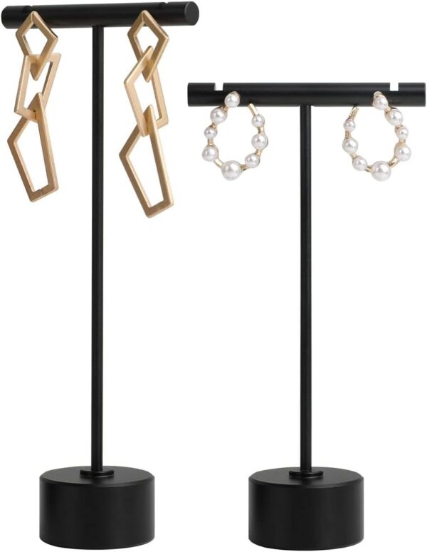2Black Metal Earring T-Bar Stands Round Base Jewelry Displays