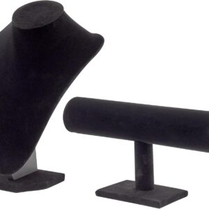 2-Piece Black Velvet Jewelry Display Set – T-Bar & Bust Stand for Necklaces, Bracelets & Earrings