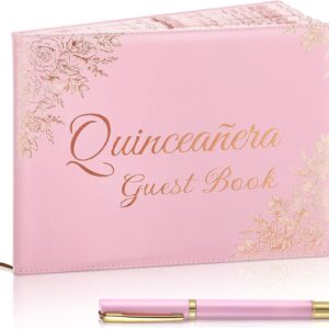 Quinceañera Leather Guest Book 11x8in Pink Floral Hardcover with Pen for 15th Birthday