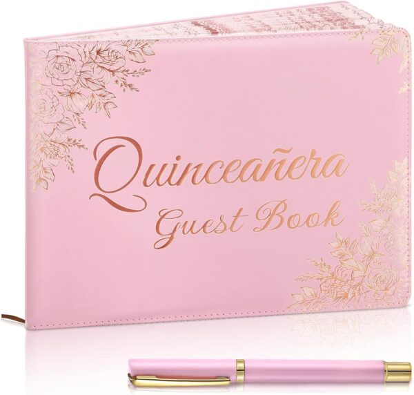 Quinceañera Leather Guest Book 11x8in Pink Floral Hardcover with Pen for 15th Birthday