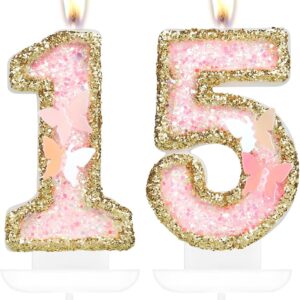 15th Birthday Butterfly Candle, Gold Pink Glitter, 2.75" Cake Topper
