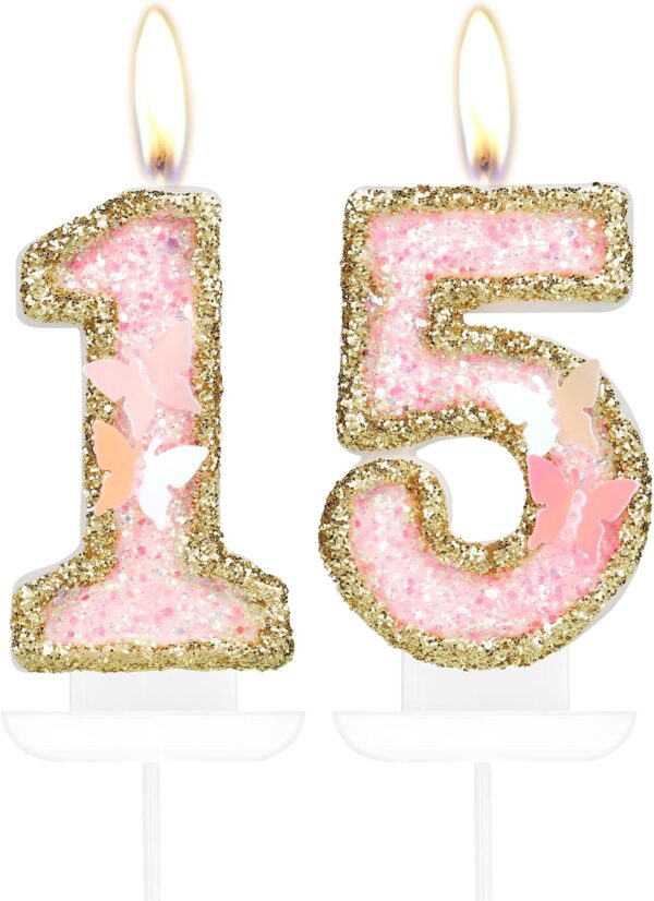 15th Birthday Butterfly Candle, Gold Pink Glitter, 2.75" Cake Topper