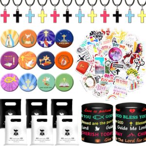 98pcs Bible Verse Party Favors: Cross Necklaces, Stickers, Bracelets, Pins, and Bags