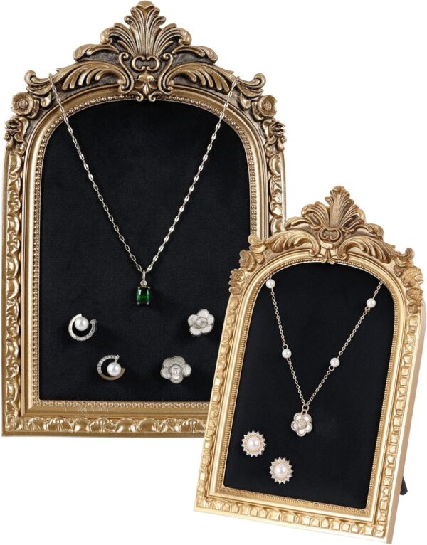 2Pcs Gold Vintage Jewelry Stands – Necklace & Earring Holders (Black, L&S)