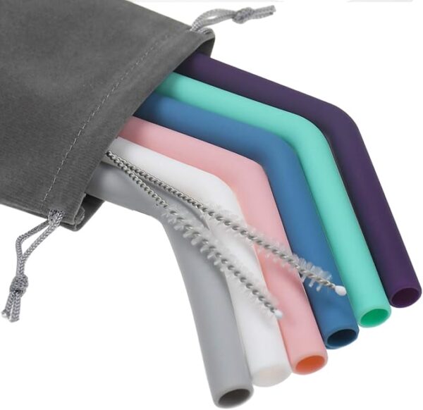 6Pcs Reusable Silicone Straws (8mm) – Bent, BPA-Free with Cleaning Brushes for 30oz & 20oz Cups
