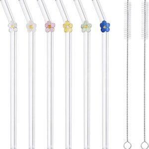 6Pcs Flower Glass Straws with 2 Brushes – Reusable & Shatter-Resistant for Smoothies, Juices, Teas