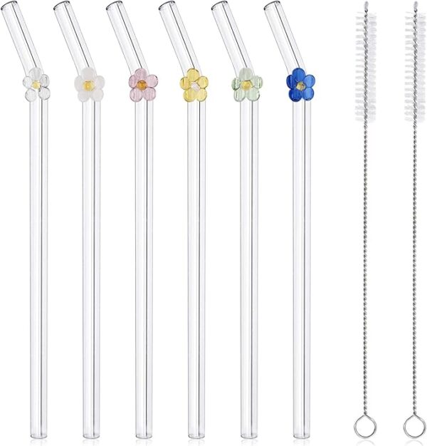 6Pcs Flower Glass Straws with 2 Brushes – Reusable & Shatter-Resistant for Smoothies, Juices, Teas