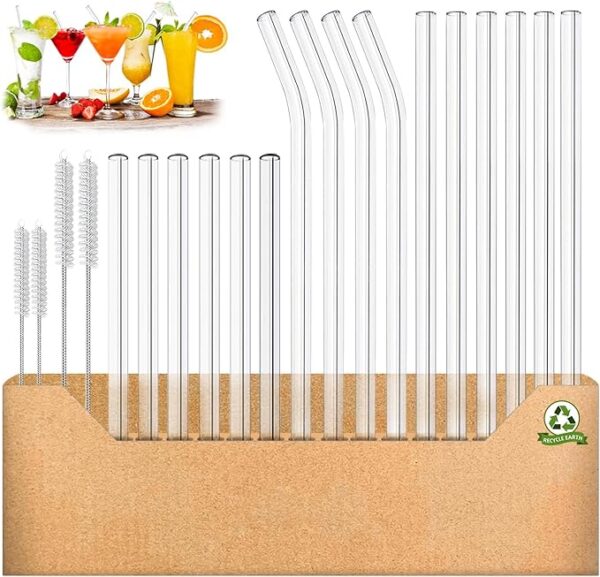 20Pcs Reusable Glass Straws – Straight & Bent with Brushes (3 Sizes) for Juice & Cocktails