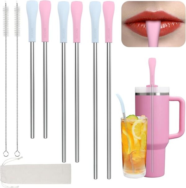 6Pcs Anti-Wrinkle Metal Straws – Reusable Flat Wide Straws for Stanley, Yeti, Owala with Brush & Bag