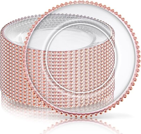 Clear Charger Plates with Rose Gold Beaded Rim