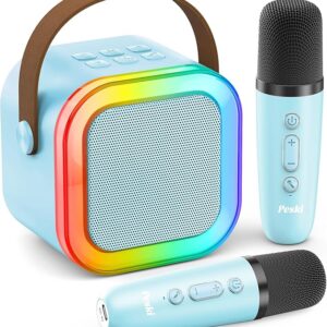 Portable Bluetooth Karaoke Machine with 2 Wireless Mics for Kids and Adults (Blue)