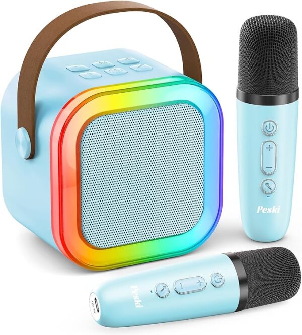 Portable Bluetooth Karaoke Machine with 2 Wireless Mics for Kids and Adults (Blue)