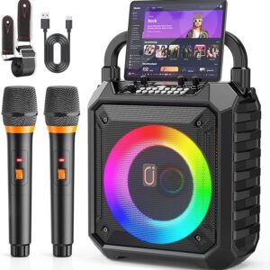 JYX Karaoke Machine with 2 Wireless Mics, Bluetooth Speaker, and LED Lights