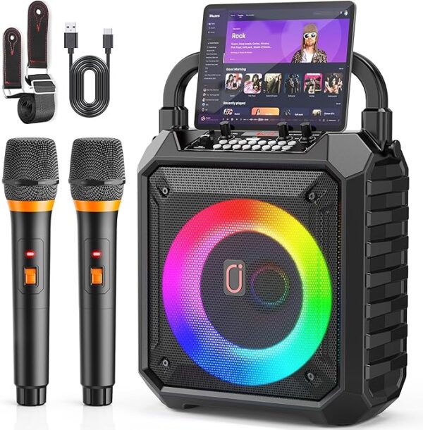 JYX Karaoke Machine with 2 Wireless Mics, Bluetooth Speaker, and LED Lights