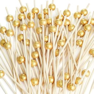 200pcs 4.7" Gold Pearl Bamboo Cocktail Picks for Appetizers and Drinks