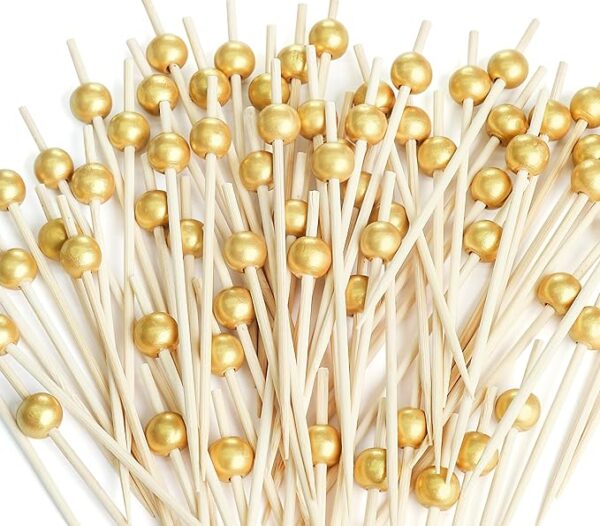 200pcs 4.7" Gold Pearl Bamboo Cocktail Picks for Appetizers and Drinks
