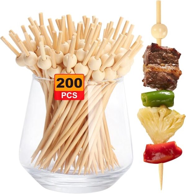 200pcs 4.7" Natural Wooden Ball Bamboo Cocktail Picks for Appetizers and Parties