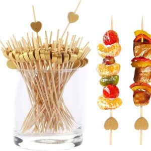 200pcs 4.7" Gold Heart Bamboo Toothpicks for Appetizers and Party Decor