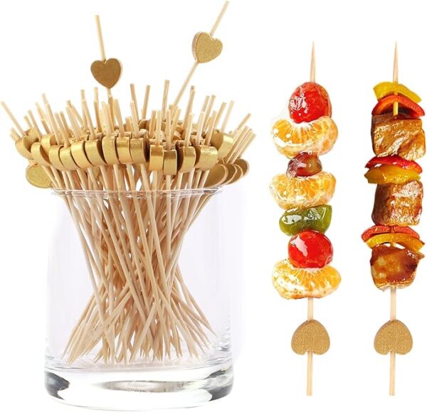 200pcs 4.7" Gold Heart Bamboo Toothpicks for Appetizers and Party Decor