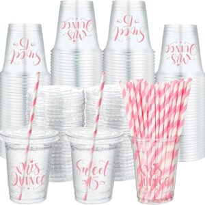 60 Sets Quinceañera 12oz Plastic Cups with Lids and Straws, Clear Pink Party Favors