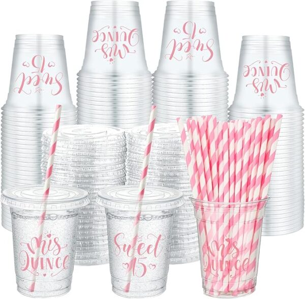 60 Sets Quinceañera 12oz Plastic Cups with Lids and Straws, Clear Pink Party Favors