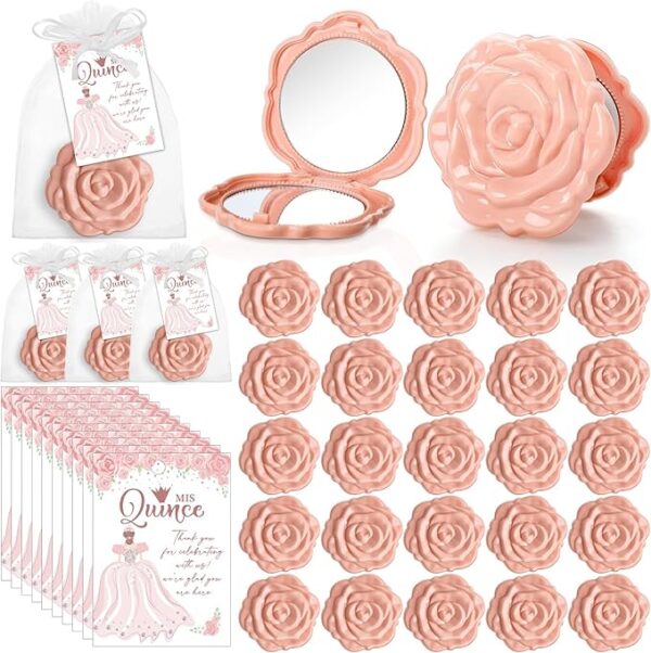 50 Sets Pink Rose Compact Mirrors with Cards and Organza Bags for Quinceañera Favors