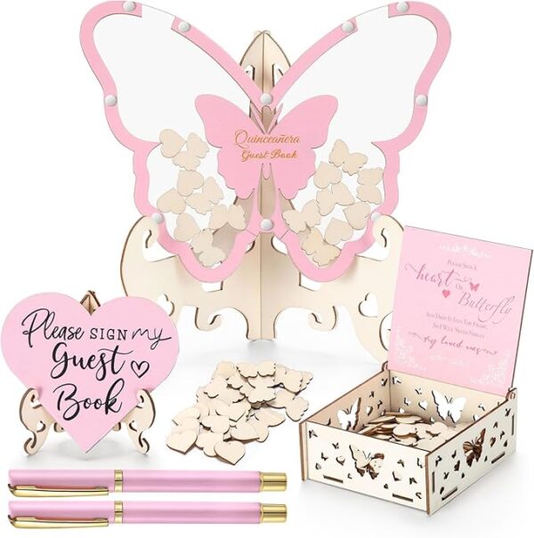 Pink Butterfly Wooden Guest Book Drop Box for Quinceañera and Sweet 15 Party
