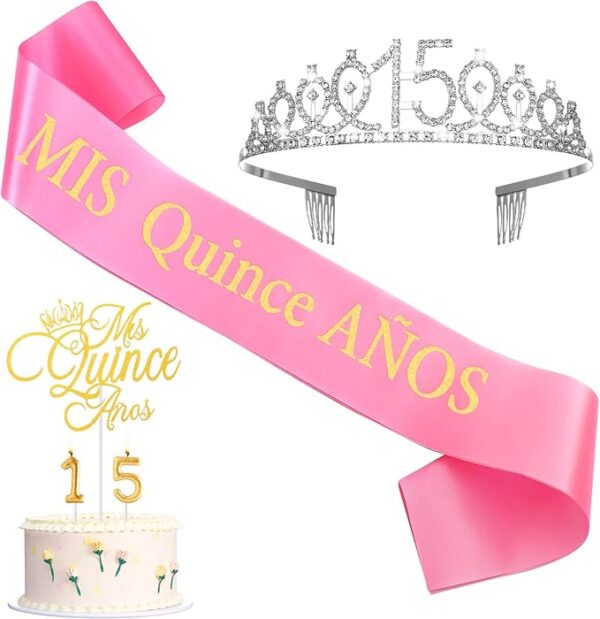 3pcs Quinceañera Party Set: Satin Sash, Rhinestone Tiara, and Cake Topper for 15th Birthday