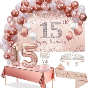 5th Birthday Balloon Set with Banner, Tablecloth, Tiara, and 60 Balloons (Rose Gold, Pink)
