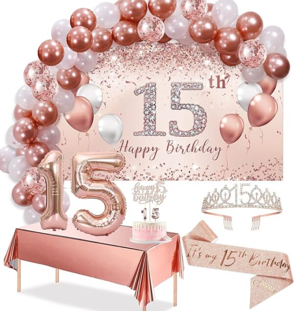 5th Birthday Balloon Set with Banner, Tablecloth, Tiara, and 60 Balloons (Rose Gold, Pink)