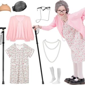 Kids 100 Days of School Old Lady Costume Set with Wig, Cardigan, and Sweater
