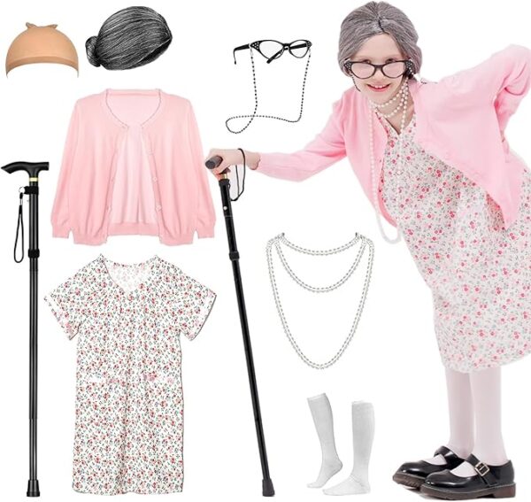 Kids 100 Days of School Old Lady Costume Set with Wig, Cardigan, and Sweater