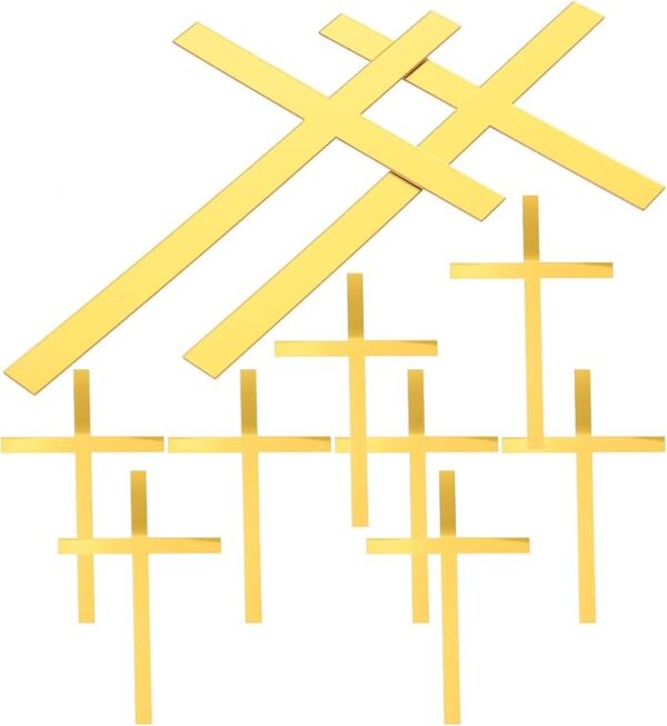10pcs Gold Acrylic Cross Baptism Cake Toppers for Party Decor