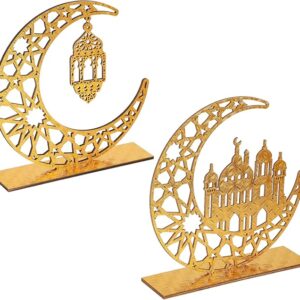 2pcs Wooden Ramadan Table Signs with Moon and Star Ornaments