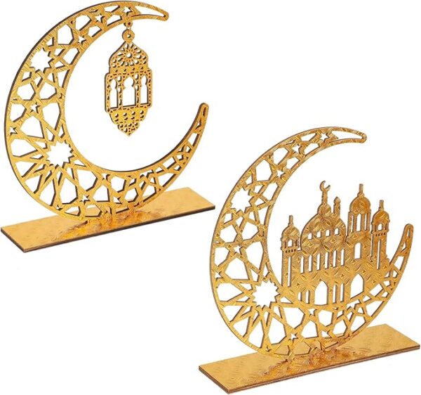 2pcs Wooden Ramadan Table Signs with Moon and Star Ornaments