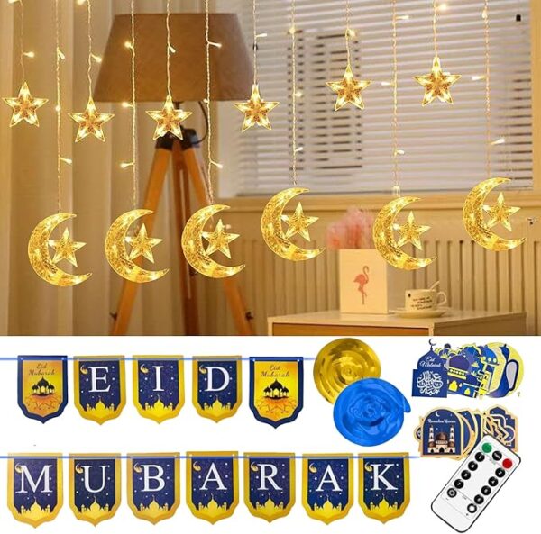 Ramadan Star Moon String Lights 138 LED with Remote and Banner USB